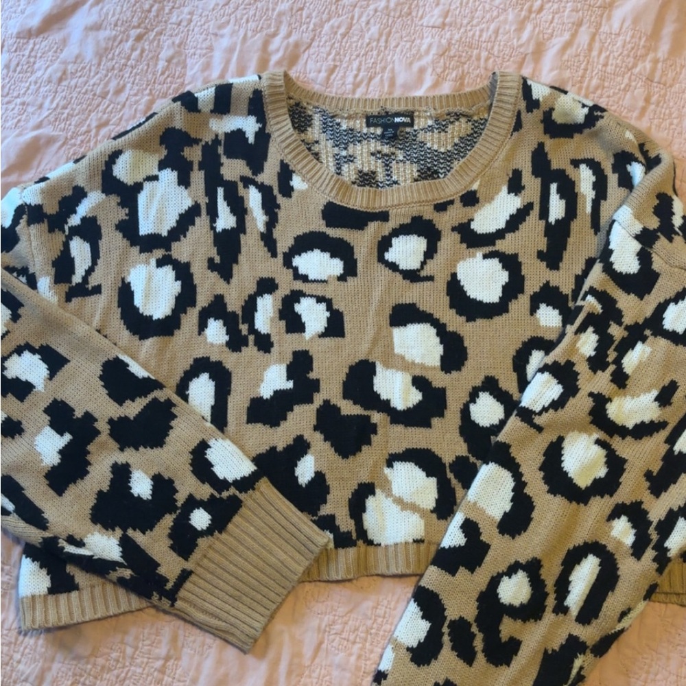 Fashion Nova Black and Tan Animal Print Sweater